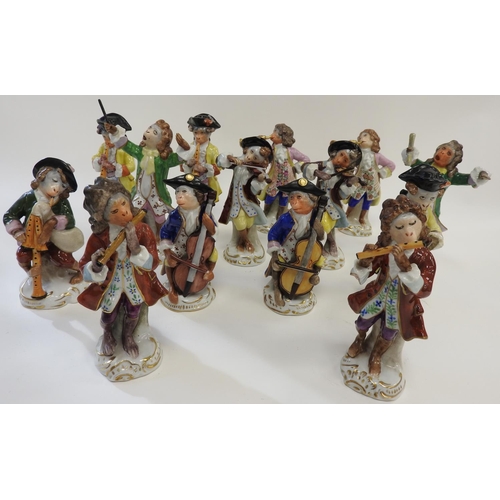 125 - Fourteen Sitzendorf porcelain monkey band figures, after Meissen, average height 13cm