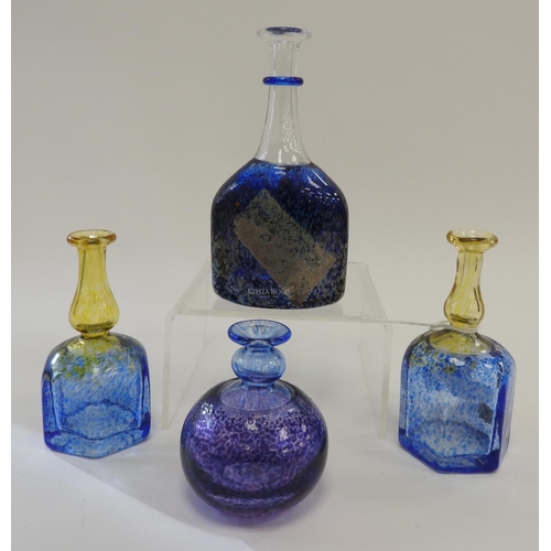 130 - Four Kosta Boda miniature coloured bottle vases, designed by Bertil Vallien, the tallest 11.5cm