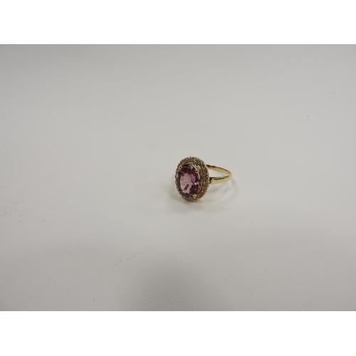 266 - Attractive diamond and pink gem stone cluster ring set in indistinctly marked yellow gold, ring size... 