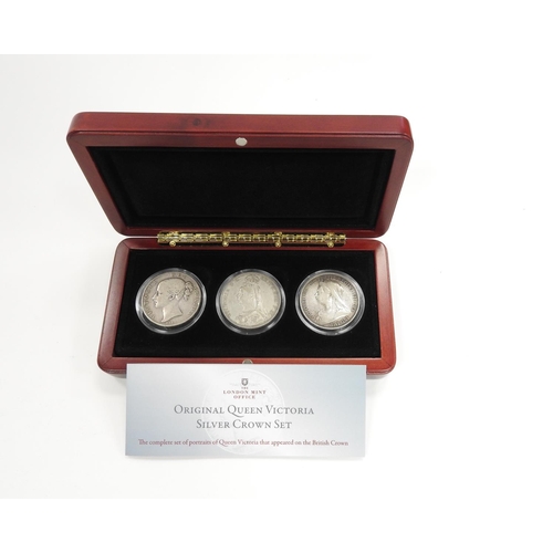 287 - Queen Victoria silver three crown set, being 1844, 1890 and 1893 in London Mint Office presentation ... 