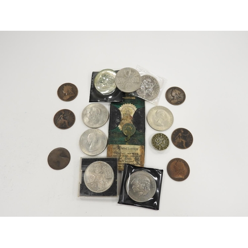 288 - Small number of British coins including commemorative Crowns, old pennies and a Loyal Service badge