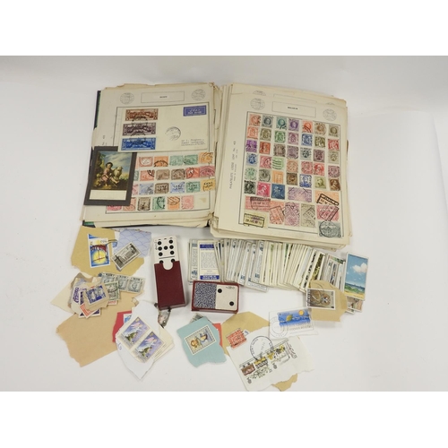 297 - World stamp album, loose cigarette cards and a pack of card dominoes by the US Playing Card Company