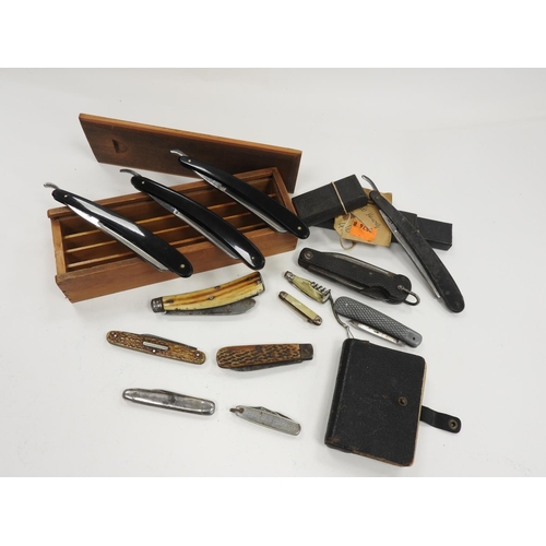 300 - Number of pen knives and other folding knives including an antler handled example, boxed cut throat ... 