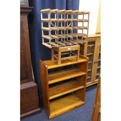 444 - Pine open bookcase, wine rack and a small oak stool