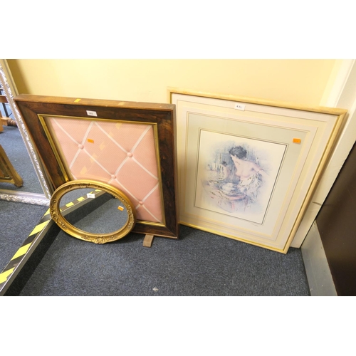 452 - Victorian rosewood frame, now formed as a firescreen, small gilt framed oval wall mirror and a frame... 