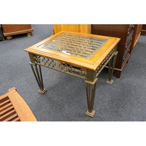 457 - Modern metal framed wood and glass topped coffee table, width 68cm