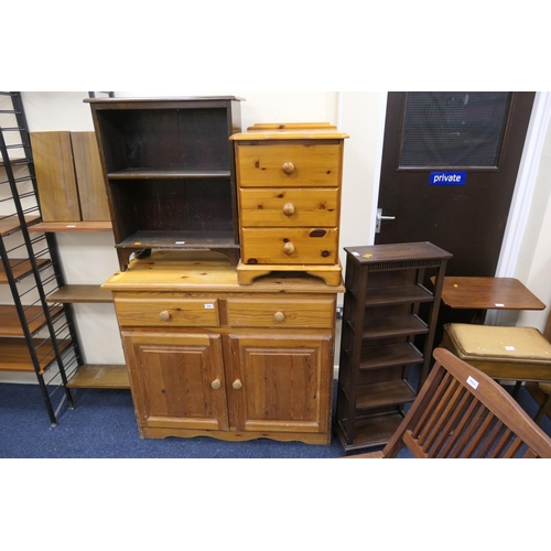 458 - Modern yellow pine cabinet, similar bedside chest, stained open bookcase or shoe rack and a  mahogan... 