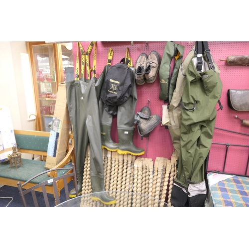 482 - Angling accessories including size 12 chest waders, other size 12 waders, two pairs of boots, Wychwo... 