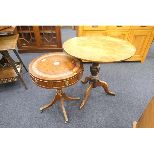 491 - 19th Century oak tripod table and a mahogany and leather topped pedestal drum table (2)