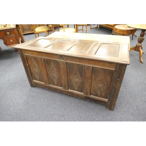 493 - Late 17th Century oak joined coffer, circa 1680, width 144cm, depth 58cm, height 73cm