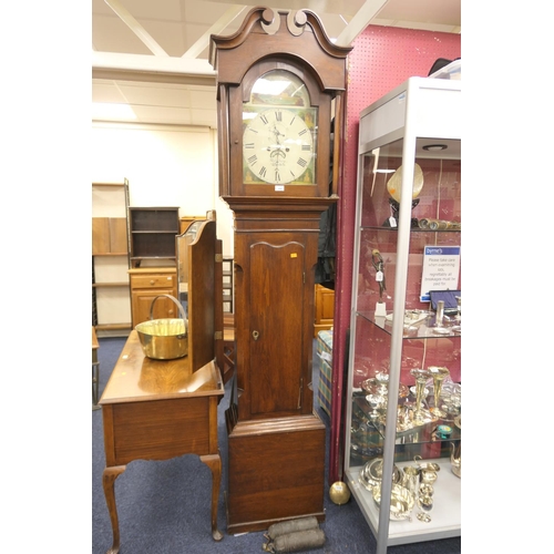 494 - Oak painted dial long case clock by Thomas Parry of Llandilo eight day movement with two weights and... 