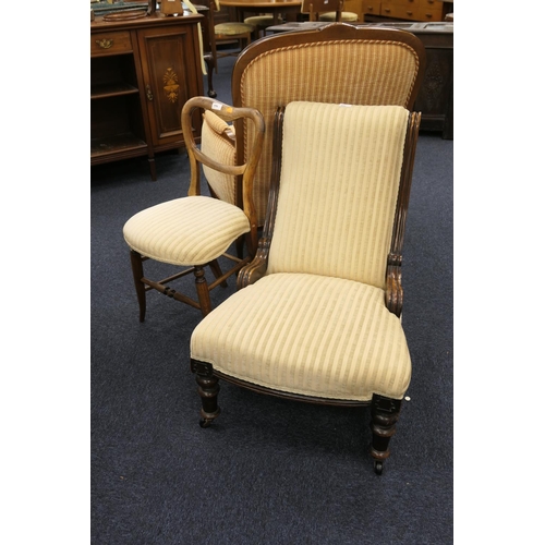 496 - Victorian upholstered nursing chair and a similarly upholstered beech side chair (2)