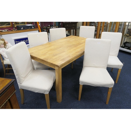 497 - Oak dining table, size 160cm x 90cm, with six loose covered dining chairs