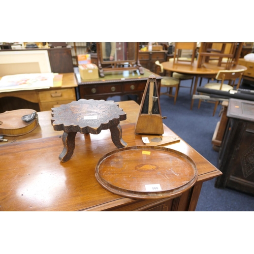 500 - Edwardian mahogany and inlaid small tray; also a metronome and a poker work stand or stool