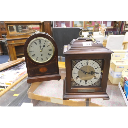 510 - Smiths Westminster chiming bracket style mantel clock with presentation plaque; also a mahogany and ... 