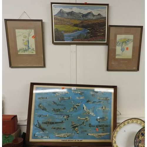 35 - Framed print, famous aircraft of the RAF, two further prints and a framed oil painting of a mountain... 