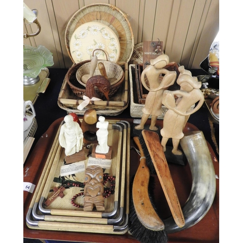 54 - Decorative treen items including basket ware, carved wooden figures etc.