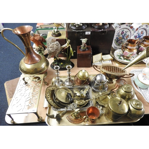 90 - Selection of metal wares including a Victorian brass trivet, Lipton's souvenir tea caddies, other or... 