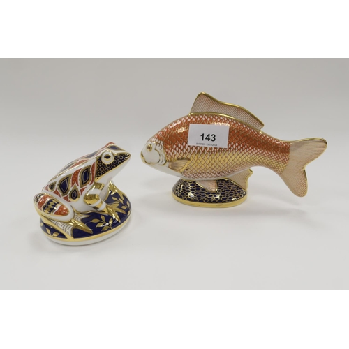 143 - Royal Crown Derby goldfish paperweight (gold coloured stopper) (XLIX), also Royal Crown Derby frog p... 