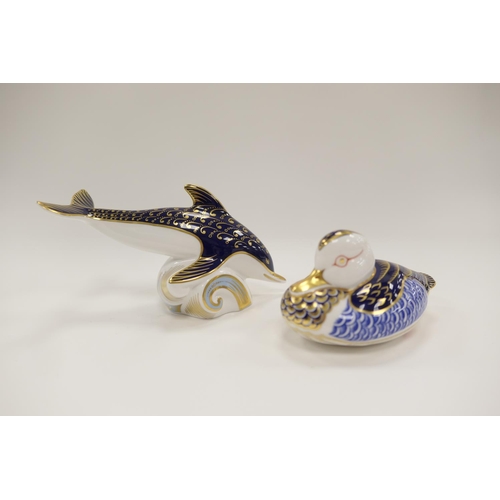 150 - Royal Crown Derby dolphin paperweight (L) (gold coloured stopper), also an unmarked Royal Crown Derb... 