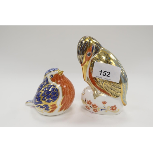 152 - Royal Crown Derby kingfisher paperweight (gold coloured stopper) (LVIII), also a Royal Crown Derby r... 