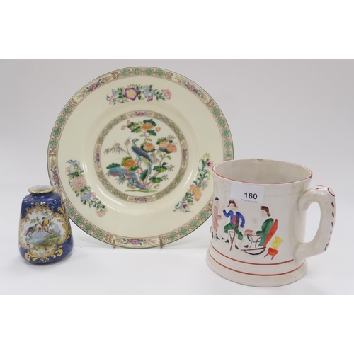 160 - Staffordshire frog-in-the-mug tankard, also a George Jones Crescent vase, and a Wedgwood plate (3)