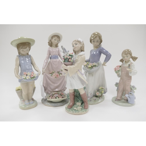 168 - Lladro  Privilege porcelain figure 'Morning melodies', and four Lladro porcelain figures 'The lap', ... 