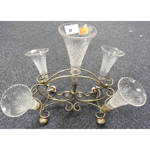 97 - Victorian electroplated and cut glass five trumpet epergne