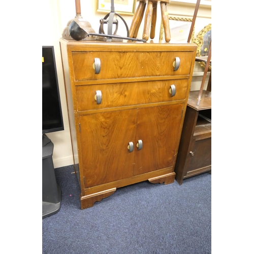 363 - Art Deco walnut tallboy cabinet with original chrome handles, width 77cm, height 108cm