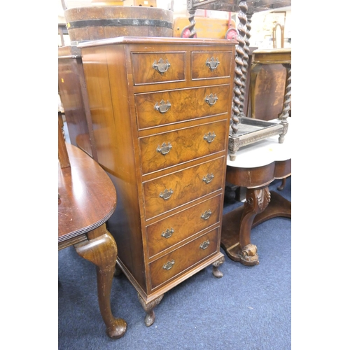 419 - Burr walnut seven drawer pillar chest, width 48cm, height 121cm