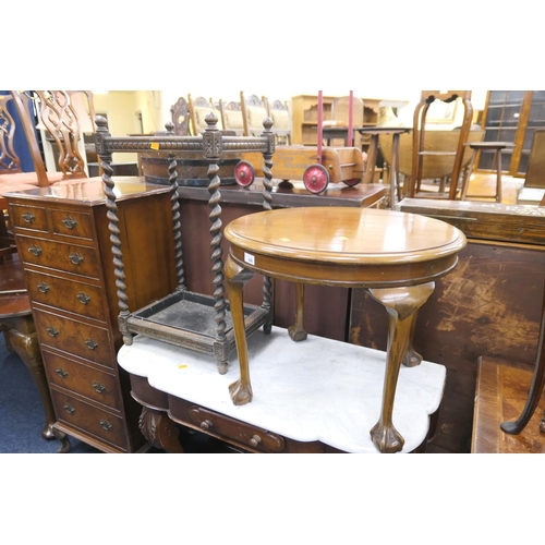 420 - George V oak barley twist stick stand complete with drip tray; also a walnut circular coffee table (... 