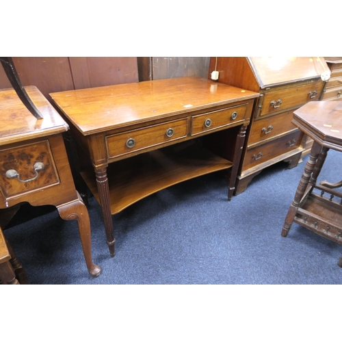 424 - Regency style mahogany side table fitted with two drawers and platform shelf, width 90cm