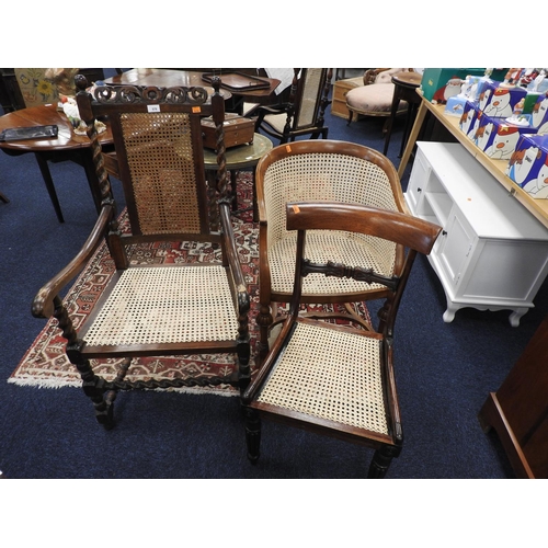 579 - George V carved barley twist and caned armchair; also a William IV rosewood cane seated side chair a... 