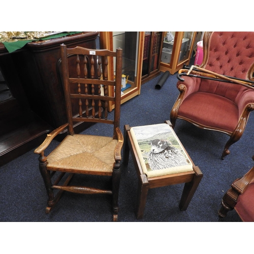 580 - 19th Century spindle back ash rocking chair and a pine framed box stool with an embroidered seat (2)