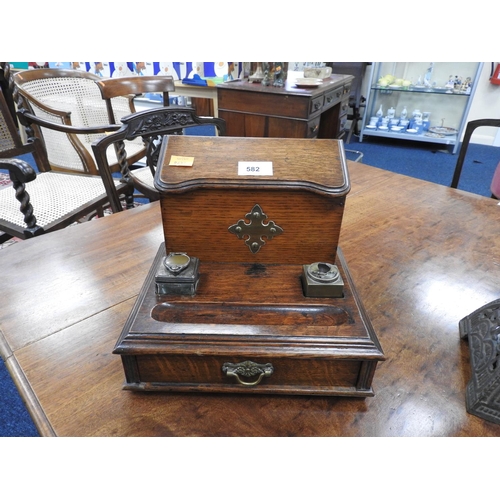 582 - Victorian oak stationery box with inkwell and pounce pot, 26cm