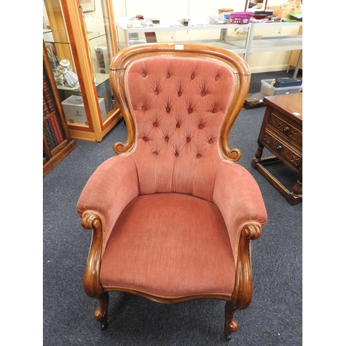 586 - Victorian mahogany framed and pink fabric upholstered armchair