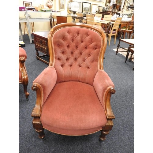 587 - Victorian mahogany and pink fabric upholstered armchair