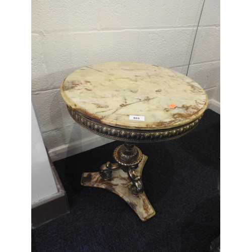 603 - Marble gilt brass pedestal circular table, 50cm diameter