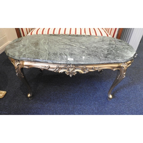 604 - Italian style green marble and gilt wood oval coffee table, length 108cm