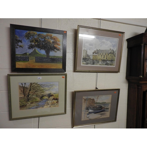 607 - Three framed watercolours, various artists, and a framed oil painting (4)