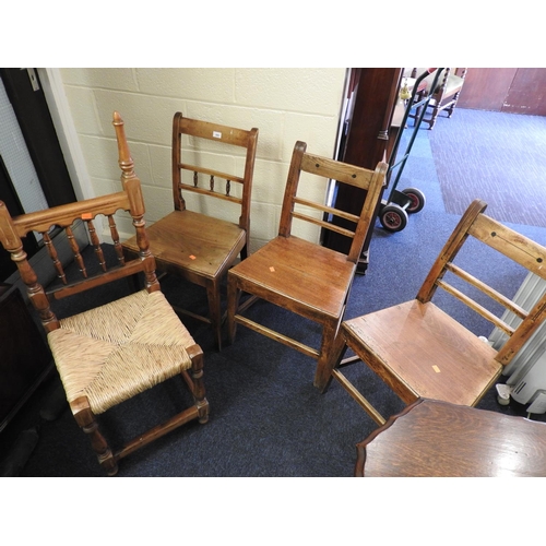 609 - Three early 19th Century provincial ash and beech wood side chairs; also a continental spindle back ... 