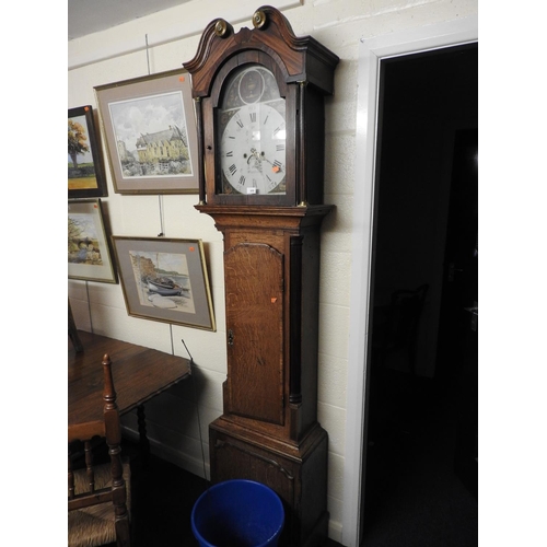 610 - James Probert, Wrexham, painted dial oak long case clock with two weights and pendulum, 218cm