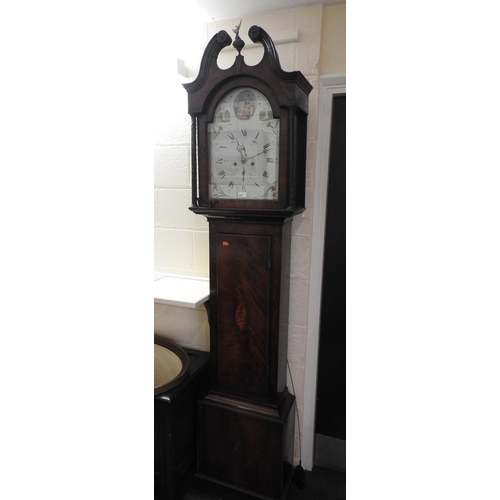 611 - Early 19th Century mahogany and inlaid eight day long case clock with painted dial, two weights and ... 