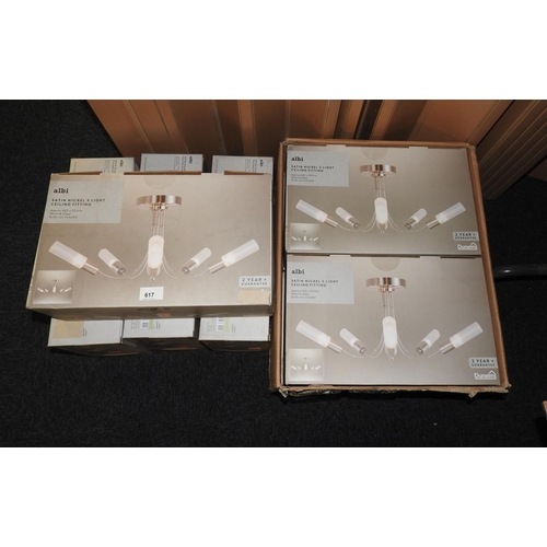 617 - Dunelm Albi satin nickel five light ceiling fittings, 53cm diameter, 23cm drop, all as new and boxed