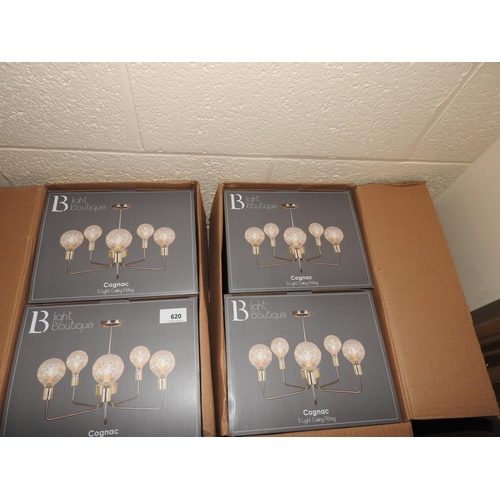 620 - Four Light Boutique Cognac five light ceiling fittings, size approx. 40cm x 25cm x 52cm, all as new ... 