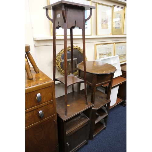 367 - Mahogany octagonal book table, oak work table, oak jardiniere stand, pot cupboard, decorative gilt f... 