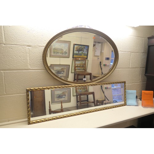 612 - Edwardian gold coloured moulded framed oval wall mirror, width 96cm, also a gilt framed rectangular ... 