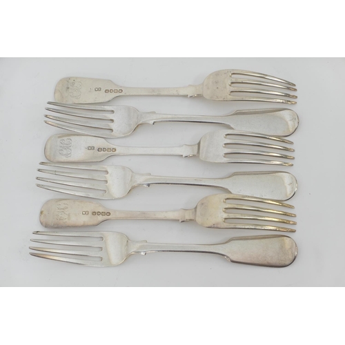 105 - Six Victorian silver fiddle pattern table forks, by William Eaton, London 1838, gross weight approx.... 