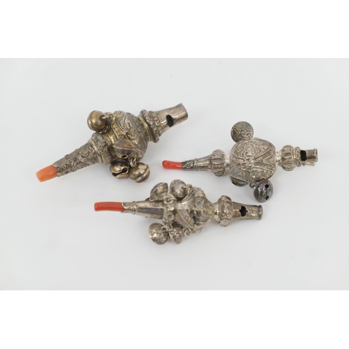 108 - Three Victorian baby's silver rattles, comprising a whistle example with seven crotal bells and cora... 