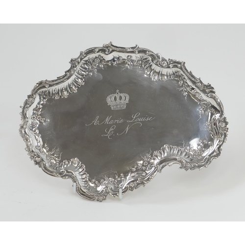 120 - French Rococo silver tray, circa 1810, irregular shaped form with raised border with rocaille and fo... 